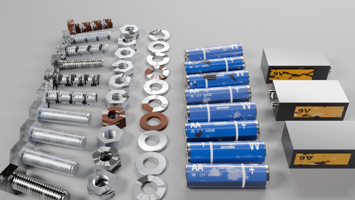 Ten varied instances of a screw, nut and washer, and battery cells